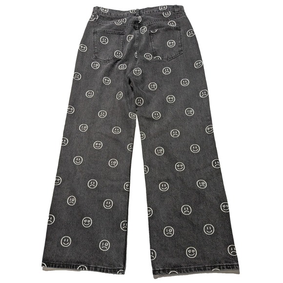 EDIKTED MOODY EMOJI AOP Women Size XL Wide-Leg Black Washed Denim Jeans NEW - Picture 2 of 15